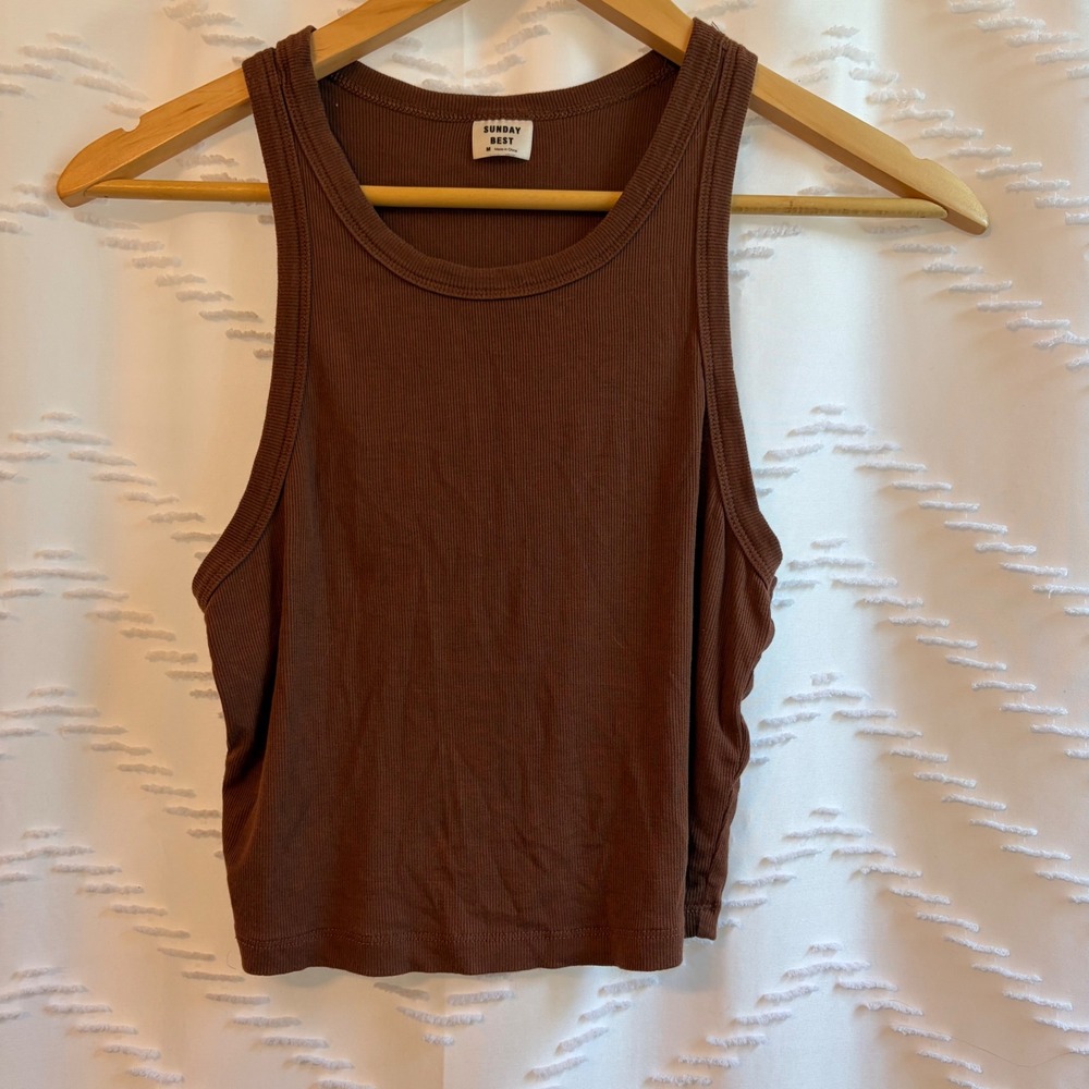 Sunday Best Aritzia Brown Ribbed High Neck Racerback Tank Top Size M RIB2-